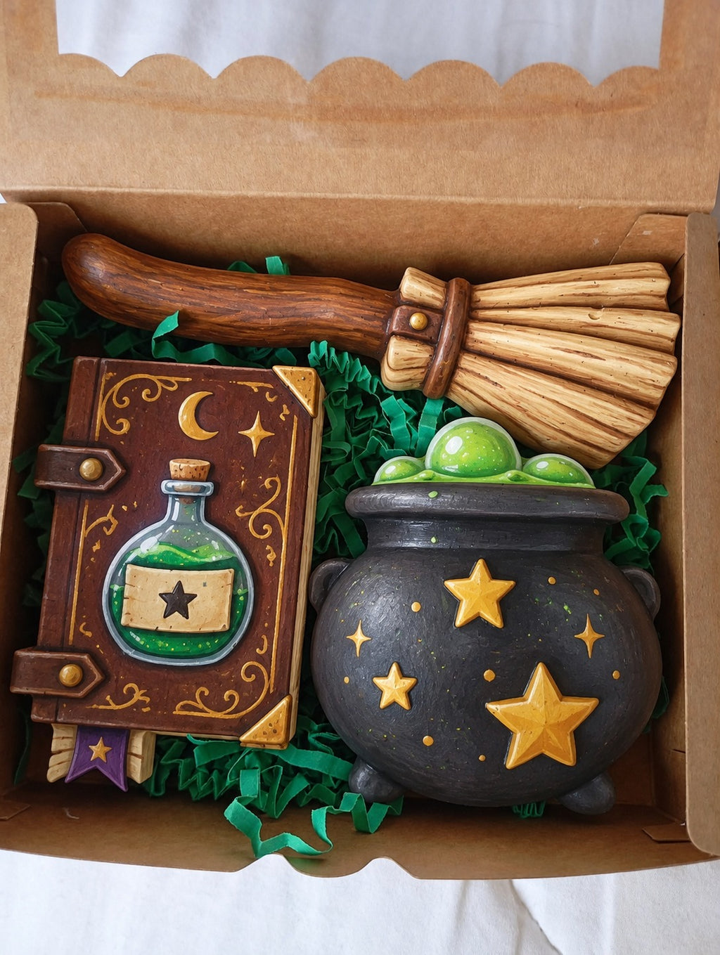 Coffret Les Potions Magiques : chaudron, grimoire et balai peints, exemple de personnalisation